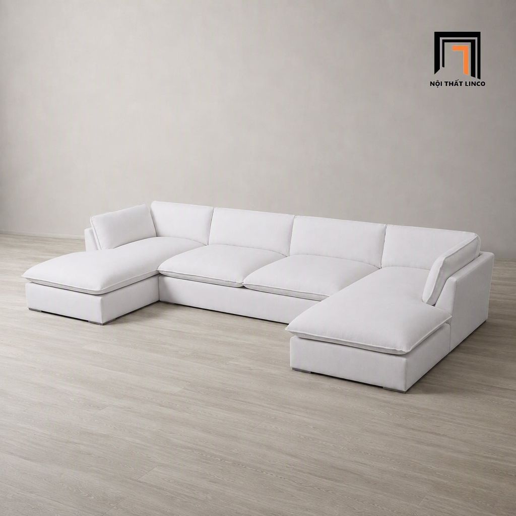 sofa chữ U dài 3m vải nhung trắng