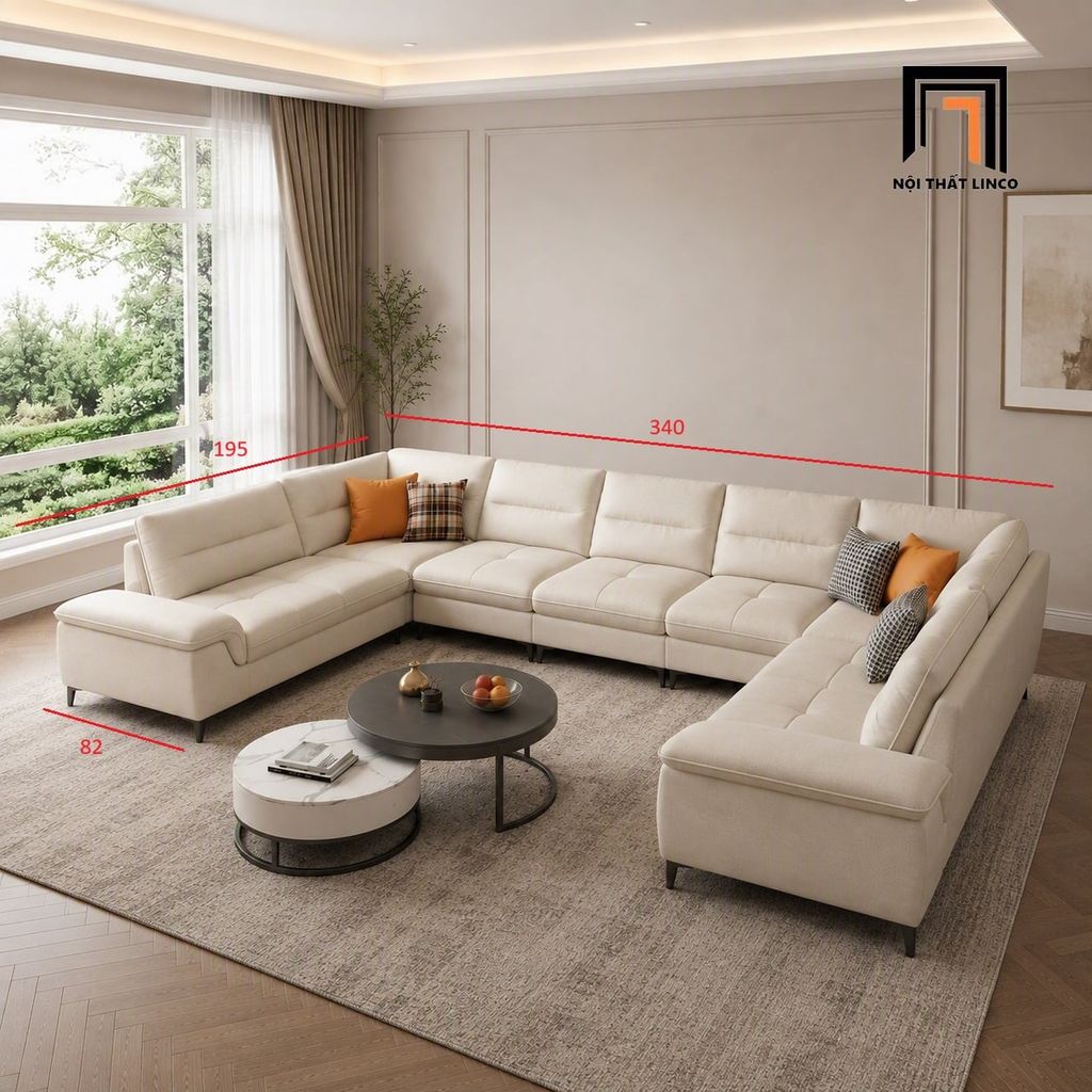 sofa dài 3m4 vải nỉ trắng kem