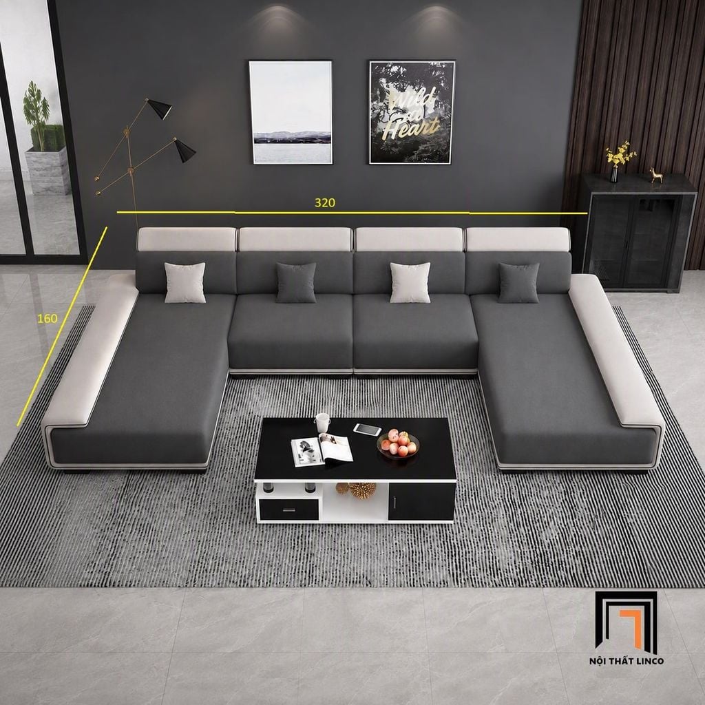 sofa chữ U dài 3m2 vải trắng đen