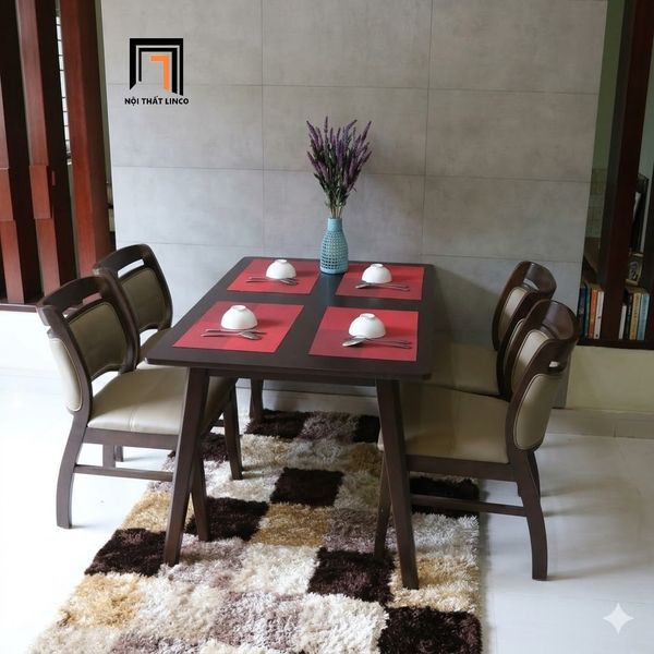 bàn ăn, bộ bàn ăn 4 ghế gỗ cao su, set bàn ăn phòng bếp màu nâu đậm, bàn ghế ăn giá rẻ, bộ bàn ăn gỗ cao su