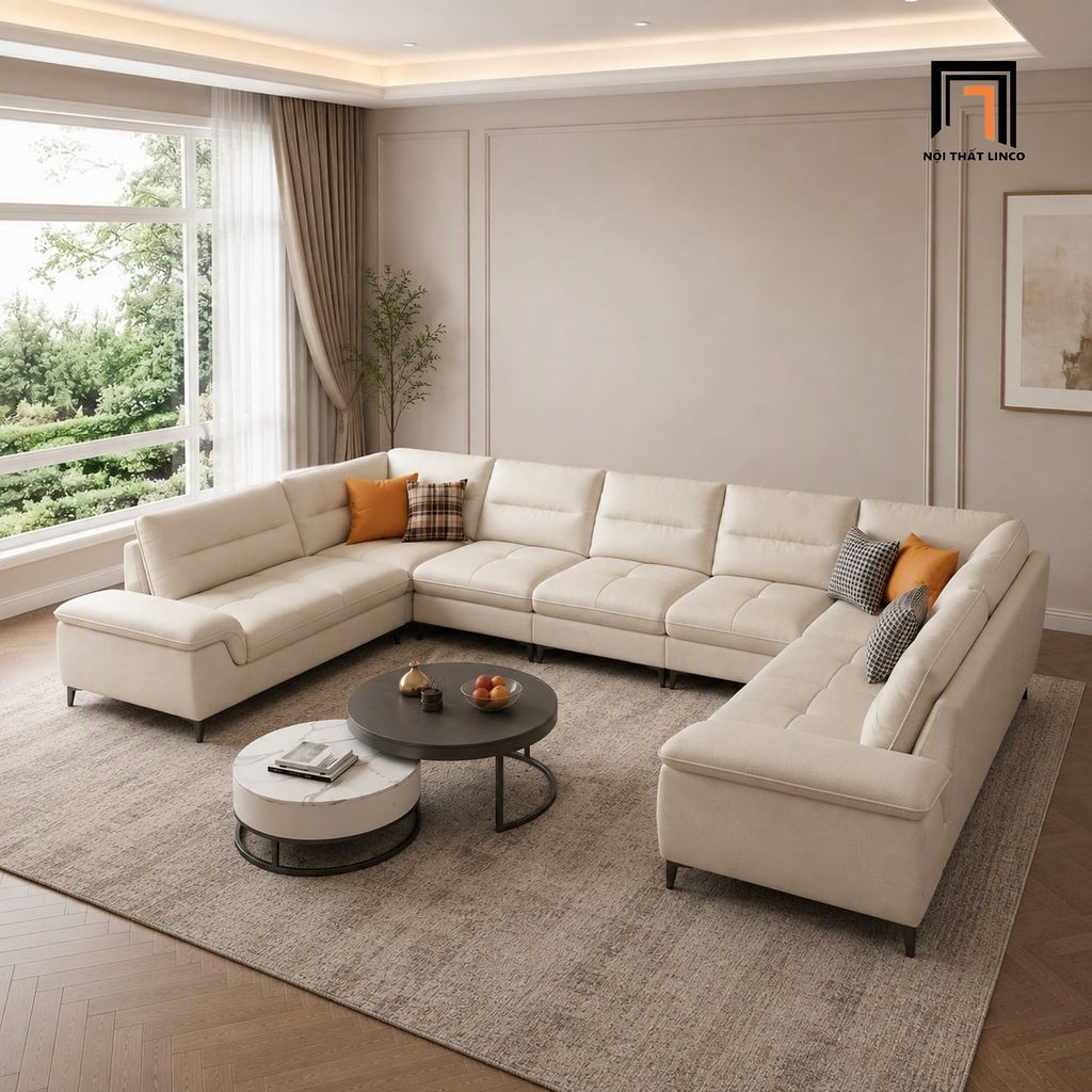 sofa dài 3m4 vải nỉ trắng kem