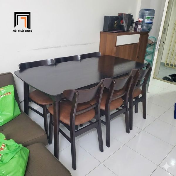 bàn ăn, bộ bàn ăn 6 ghế gỗ cao su, set bàn ghế ăn màu nâu đậm, bàn ăn phòng bếp giá rẻ, set bàn ăn chung cư