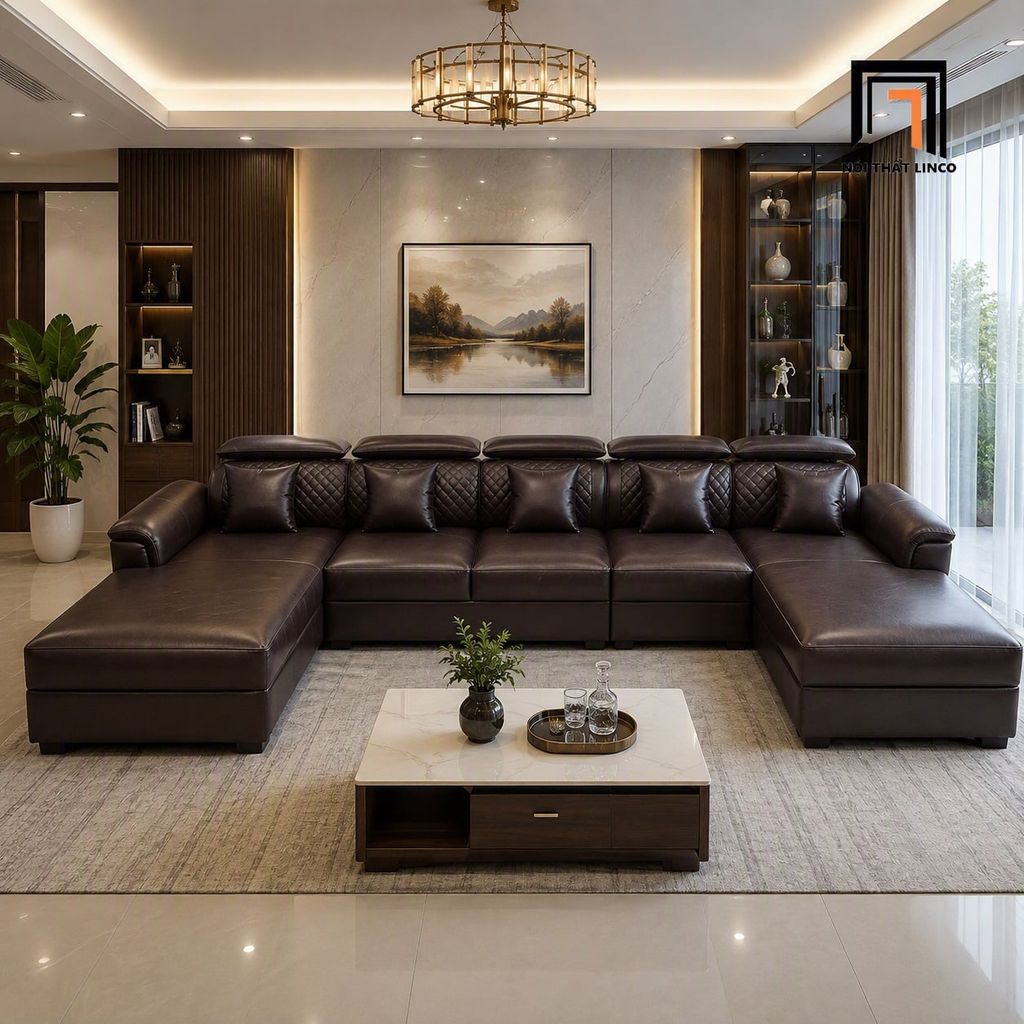 sofa chữ U dài 3m3 nâu đậm