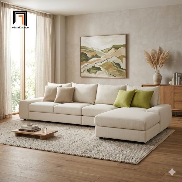 sofa, ghế sofa, sofa góc l bọc vải màu be, sofa góc phòng khách gia đình, sofa góc hiện đại, sofa góc 3m x 1m6 xinh xắn