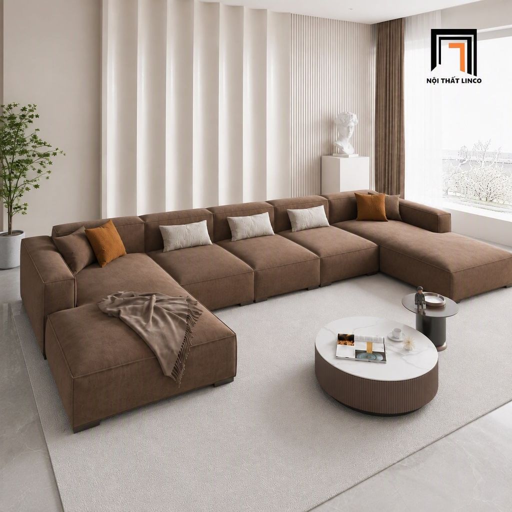 sofa chữ U dài 3m3 vải nhung nâu