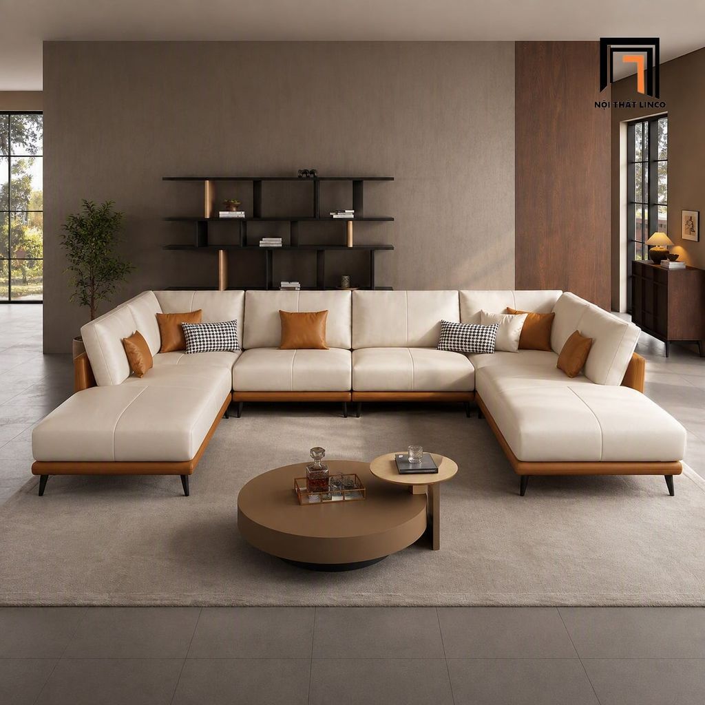 sofa dài chữ U 3m da công nghiệp