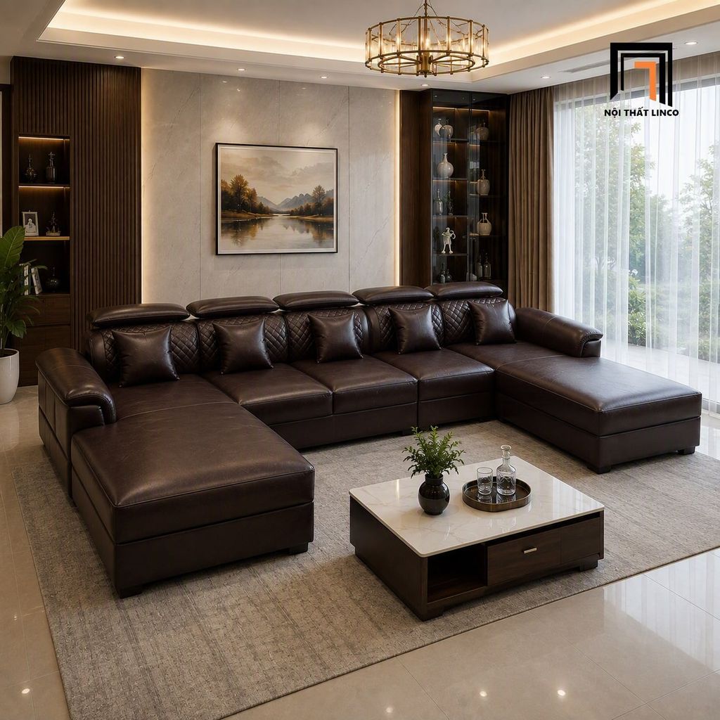 sofa chữ U dài 3m3 nâu đậm