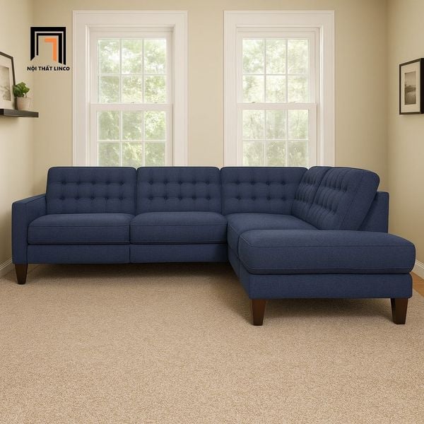 sofa, ghế sofa, sofa góc 2m4 x 2m màu xanh đậm, bộ ghế sofa giá rẻ, sofa góc giật nút xinh xắn, sofa l, sofa góc chữ l