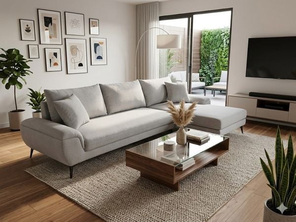 sofa, ghế sofa, sofa góc chữ l xám trắng bọc vải, bộ ghế sofa góc chung cư, sofa góc xinh xắn, sofa gia đình