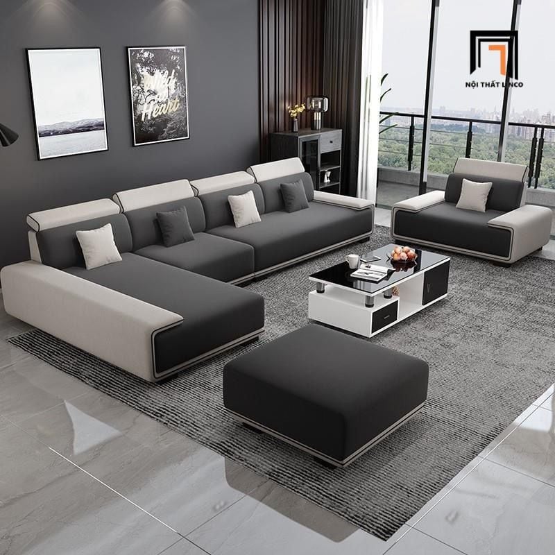 sofa chữ U dài 3m2 vải trắng đen