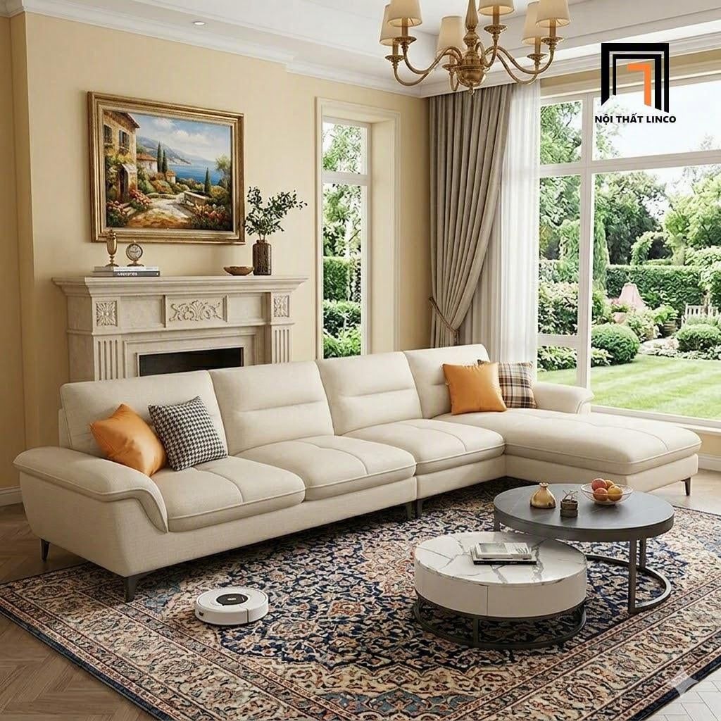 sofa dài 3m4 vải nỉ trắng kem