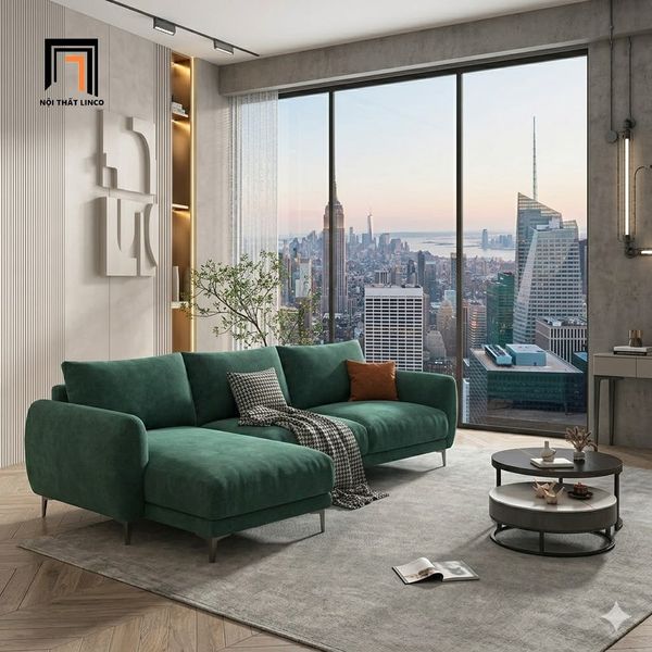 sofa, ghế sofa, sofa góc l vải nhung xanh lá, bộ ghế sofa góc 2m3 x 1m6, sofa góc phòng khách chung cư, sofa góc giá rẻ
