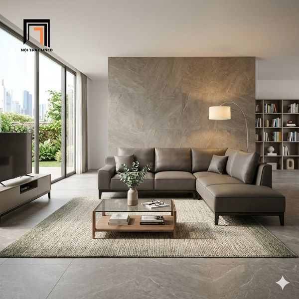 sofa, ghế sofa, sofa góc da Pu bóng màu xám, sofa góc dài 2m4 x 2m kiểu dáng hiện đại, bộ ghế sofa phòng khách