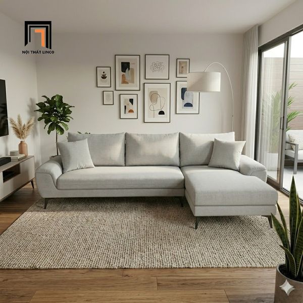 sofa, ghế sofa, sofa góc chữ l xám trắng bọc vải, bộ ghế sofa góc chung cư, sofa góc xinh xắn, sofa gia đình