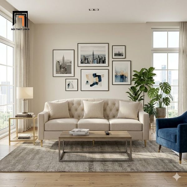sofa, ghế sofa, sofa băng giật nút, sofa băng trắng kem, sofa văng 3 nệm ngồi, sofa băng 2m1, sofa băng phòng khách