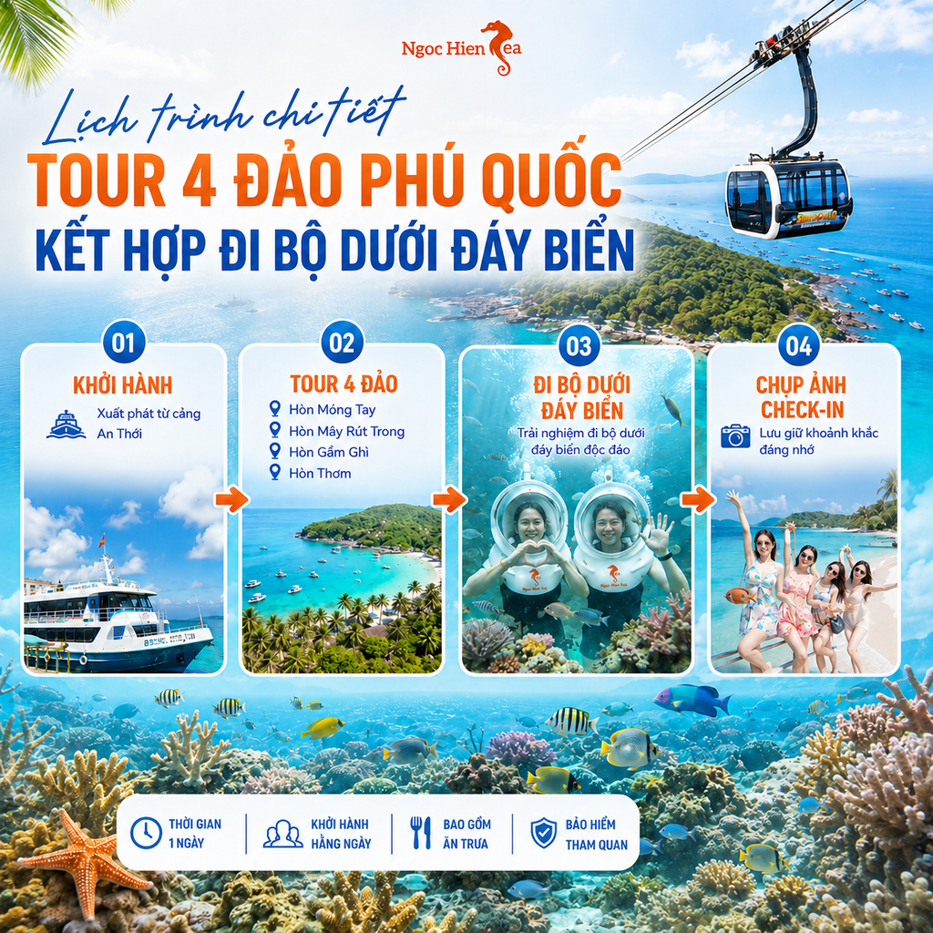 Lịch trình chi tiết tour 4 đảo Phú Quốc kết hợp đi bộ dưới đáy biển