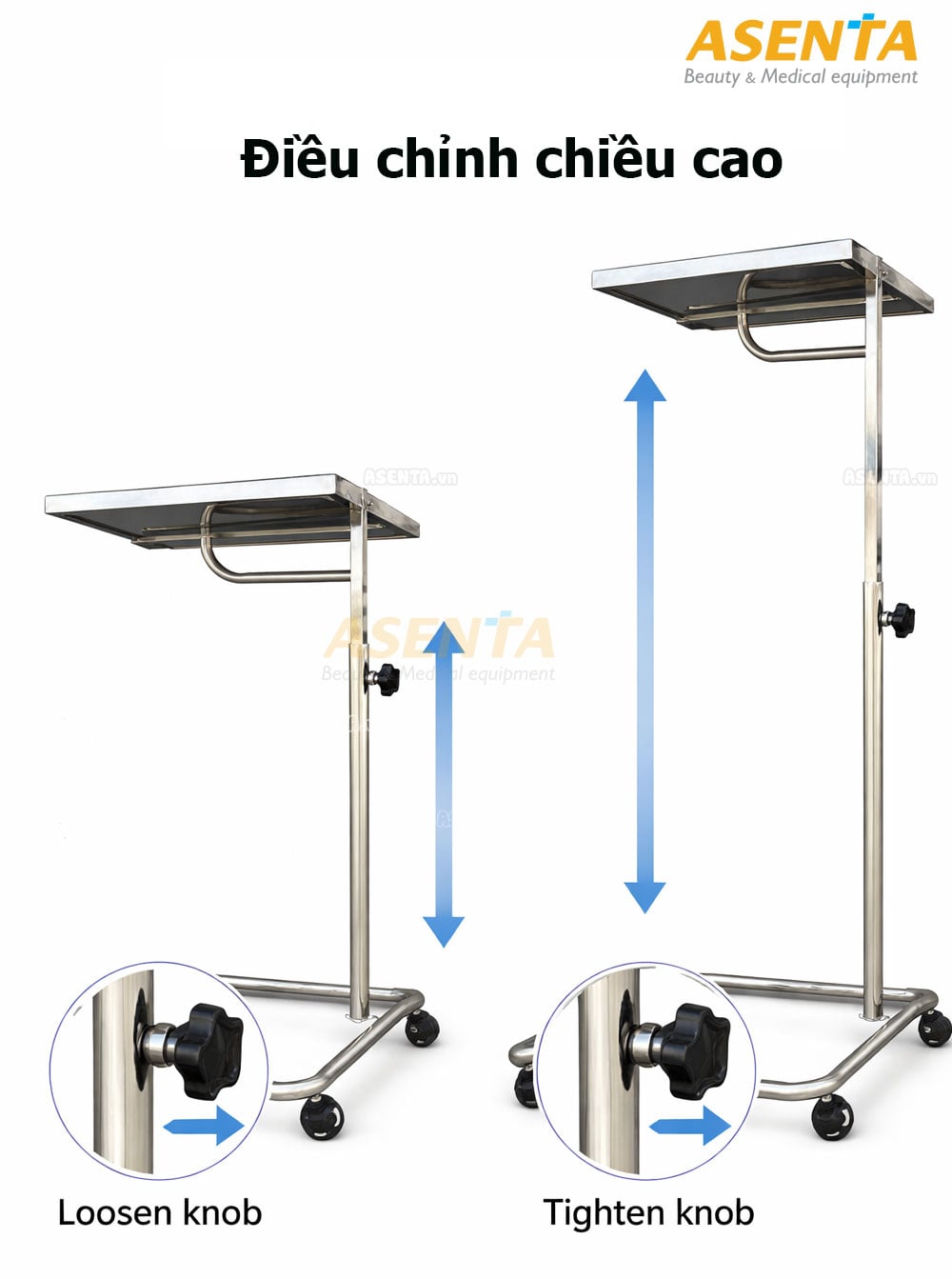 Bàn mayor được cung cấp bởi Asenta có thể điều chỉnh chiều cao lên/ xuống.