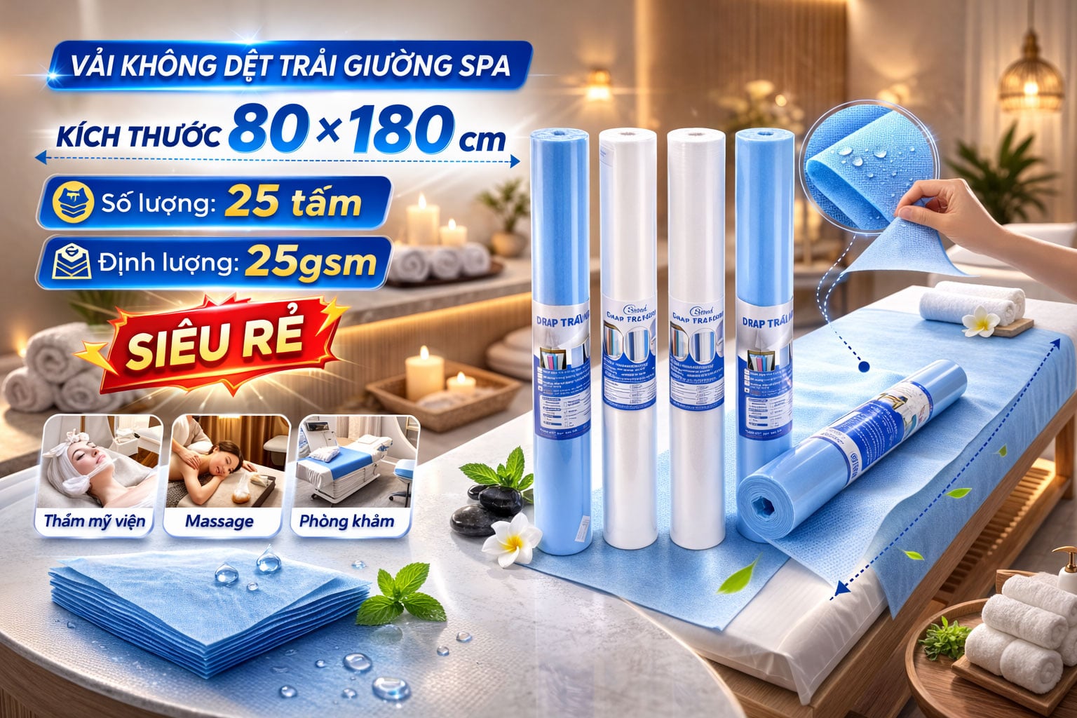 Vải không dệt trải giường 80×180cm được ứng dụng rộng rãi trong spa, bệnh viện hoặc phòng khám vì rẻ, tiện lợi và chuyên nghiệp
