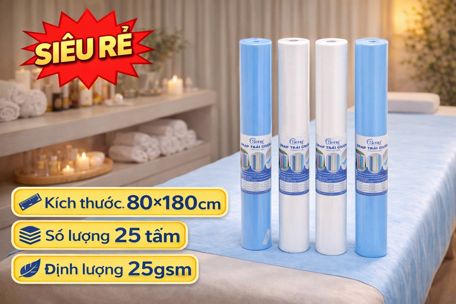 Vải không dệt trải giường 80×180cm – ga spa dùng 1 lần 25 miếng