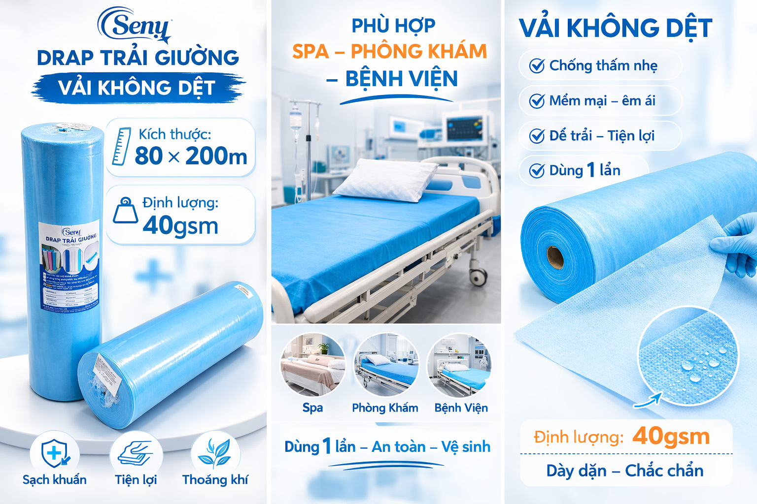 Drap trải giường y tế bằng vải không dệt dùng 1 lần kích thước 80 x 200m được dùng rất phổ biến trong bệnh viện, phòng khám