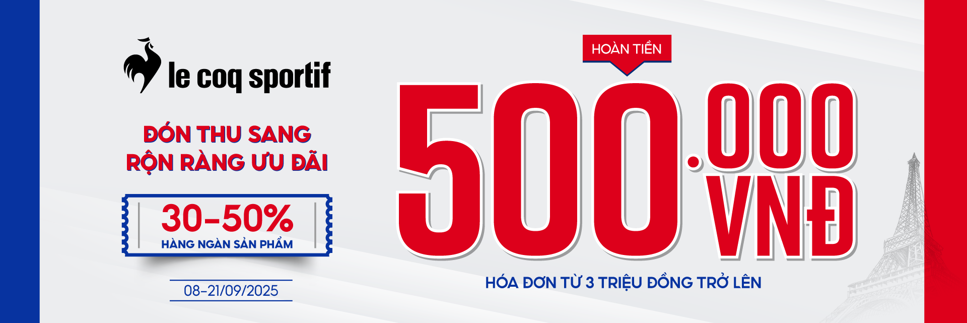 Giảm 500.000đ khi khách hàng mua hóa đơn từ 3 triệu đồng các sản phẩm nằm trong danh mục hàng mới về