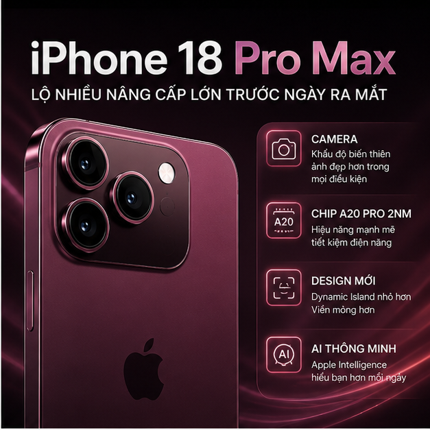 iPhone 18 Pro Max lộ diện: Camera AI, chip 2nm và pin “trâu” hơn
