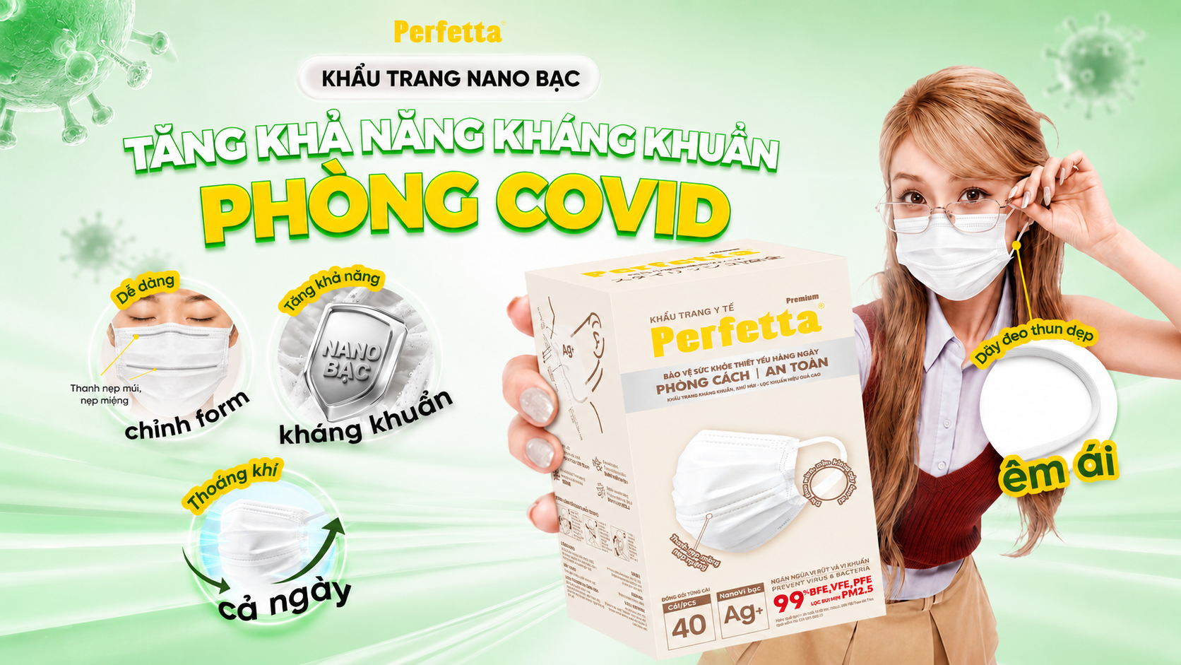 Chủ động bảo vệ hô hấp trước Covid 19 với khẩu trang Nano Bạc Perfetta