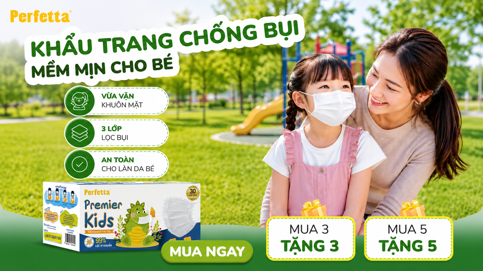 Khẩu Trang Trẻ Em Perfetta Premier – Thoải Mái Cho Bé, An Tâm Cho Ba Mẹ