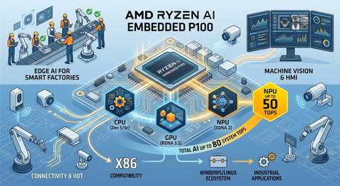 Nền tảng Edge AI x86 AMD 2026: Ryzen AI Embedded P100 với XDNA 2 cho Machine Vision và tự động hóa biên