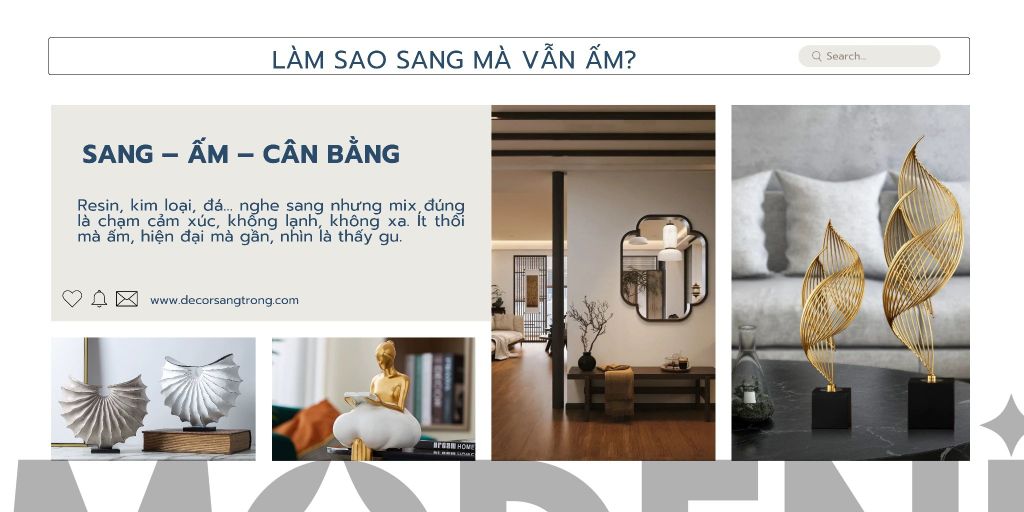 Biến phòng khách thành không gian tiếp khách chuẩn penthouse: sử dụng texture kim loại, phối ánh sáng ấm và điểm nhấn nghệ thuật để toát lên phong thái sang tối giản.