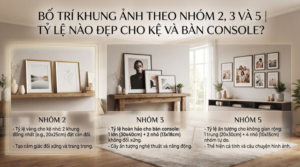 Cách Bố Trí Khung Ảnh Đẹp Cho Kệ Tủ & Bàn Console: Quy Tắc Nhóm 2, 3 Và 5