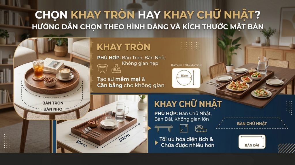 Chọn Khay Tròn Hay Khay Chữ Nhật: Quyết Định Theo Hình Dáng Và Kích Thước Mặt Bàn