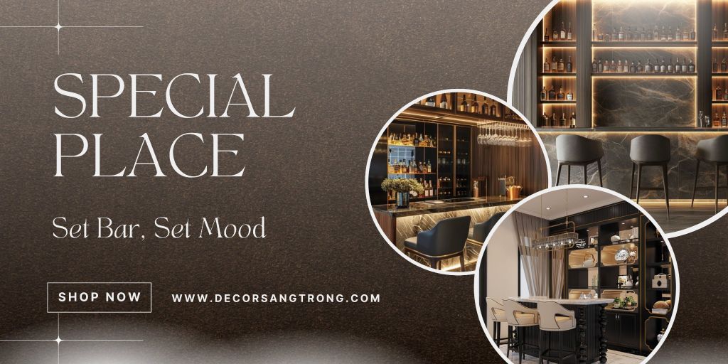 Setup góc bar rượu mini sang trọng bằng tượng metallic và đèn ấm, tạo vibe chill cho tiệc cuối tuần