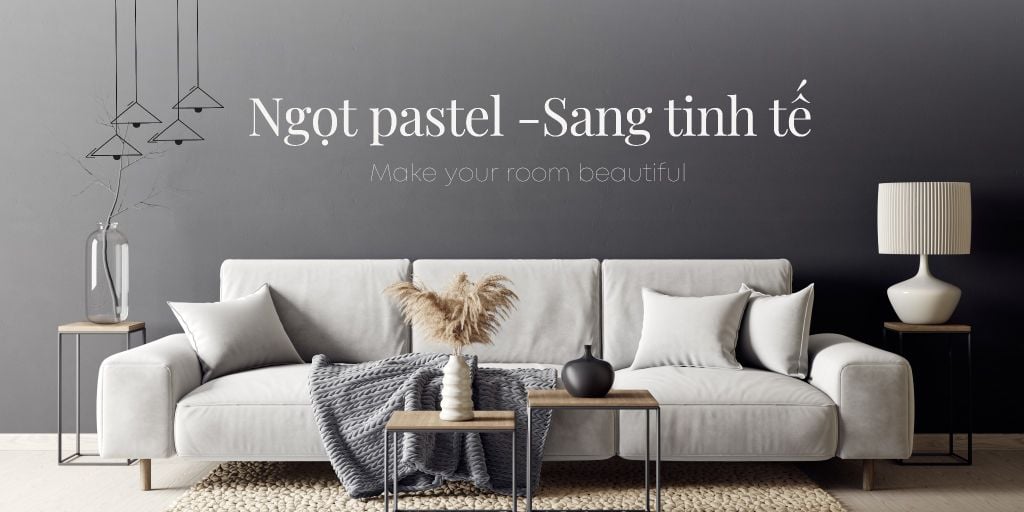 Phối mảng màu pastel sang trọng cho phòng khách, giữ tinh thần nhẹ nhàng và cao cấp.
