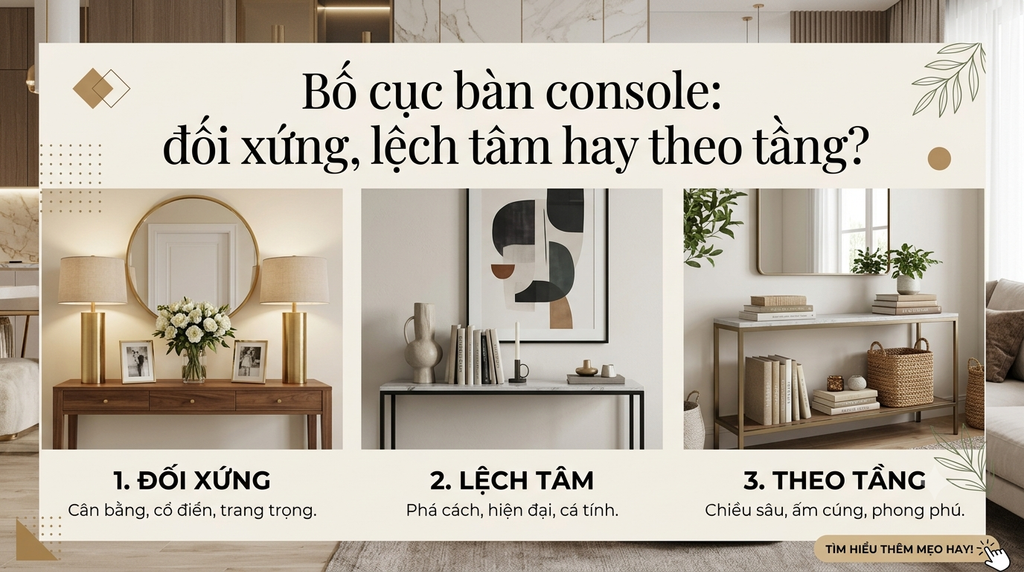 Bố Cục Bàn Console: Đối Xứng, Lệch Tâm Hay Theo Tầng? Bí Quyết Decor Sang Trọng