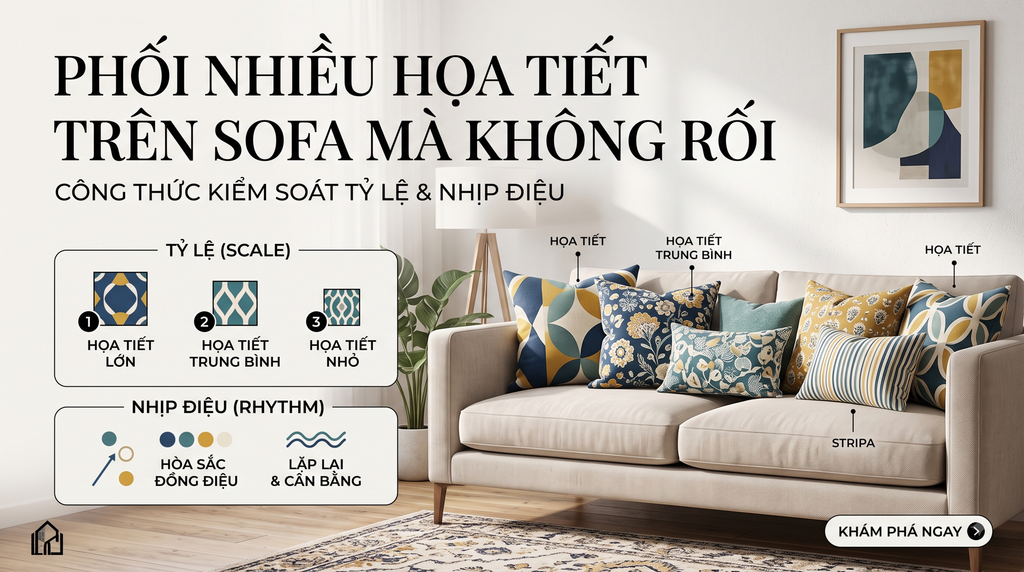 Phối nhiều họa tiết trên sofa mà không rối: Công thức kiểm soát tỷ lệ & nhịp điệu