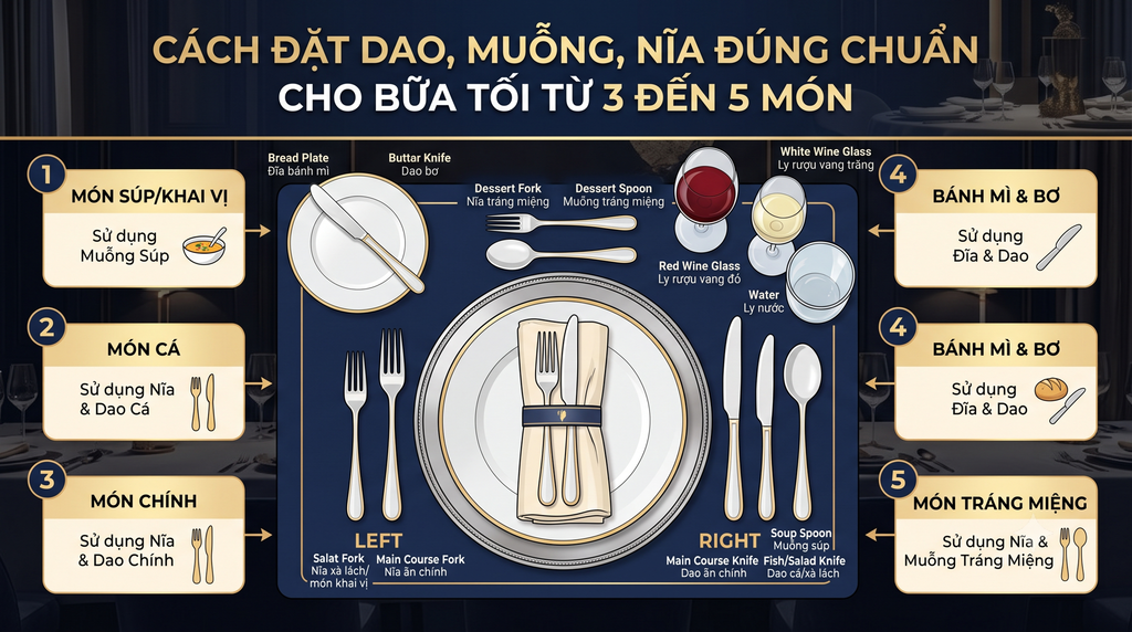 Bí Quyết Thiết Lập Bàn Tiệc Đẳng Cấp: Cách Đặt Dao Muỗng Nĩa Chuẩn Cho Bữa Tối 3 Đến 5 Món