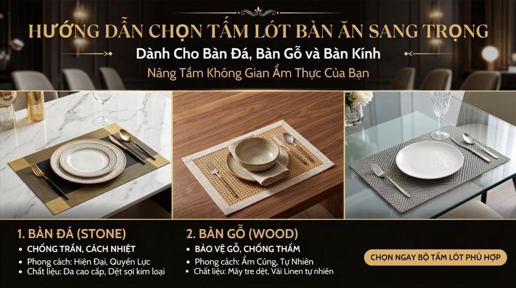 Bí Quyết Chọn Tấm Lót Bàn Ăn Sang Trọng Cho Bàn Đá, Bàn Gỗ Và Bàn Kính