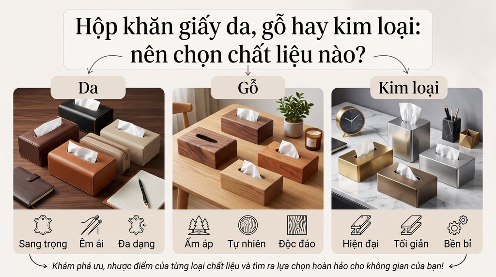 Hộp Khăn Giấy Da, Gỗ Hay Kim Loại: Nên Chọn Chất Liệu Nào Cho Không Gian Sống?
