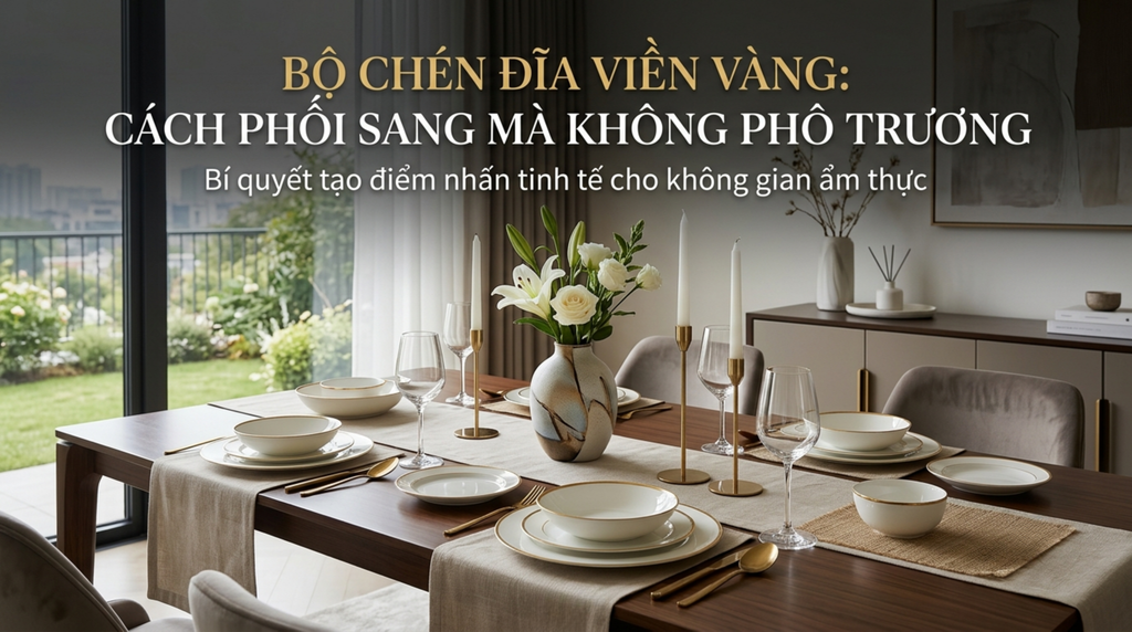 Bộ chén đĩa viền vàng: Cách phối sang mà không phô trương