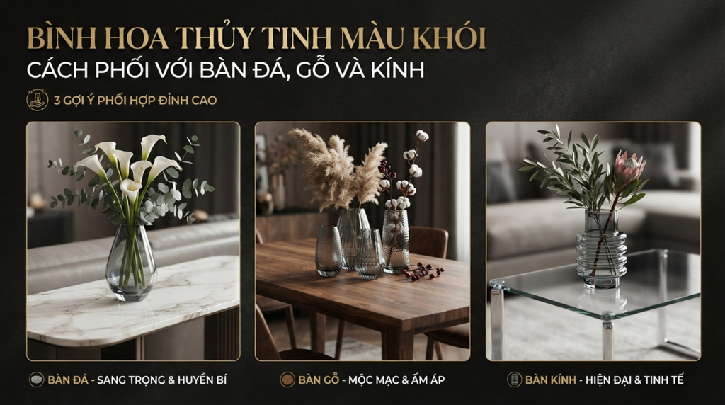 Bình Hoa Thủy Tinh Màu Khói: Cách Phối Với Bàn Đá, Gỗ Và Kính