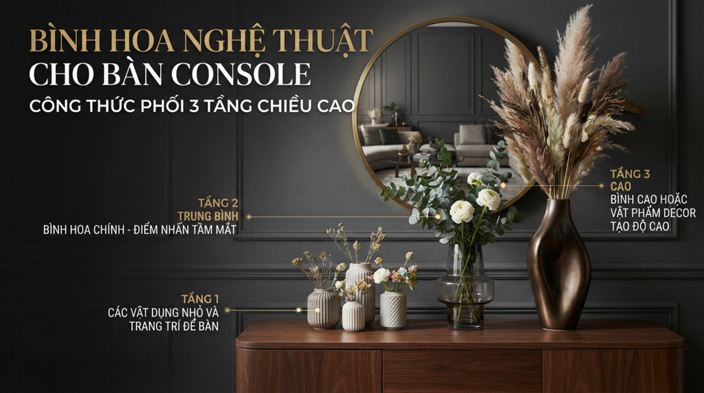 Bình Hoa Nghệ Thuật Cho Bàn Console: Công Thức Phối 3 Tầng Chiều Cao