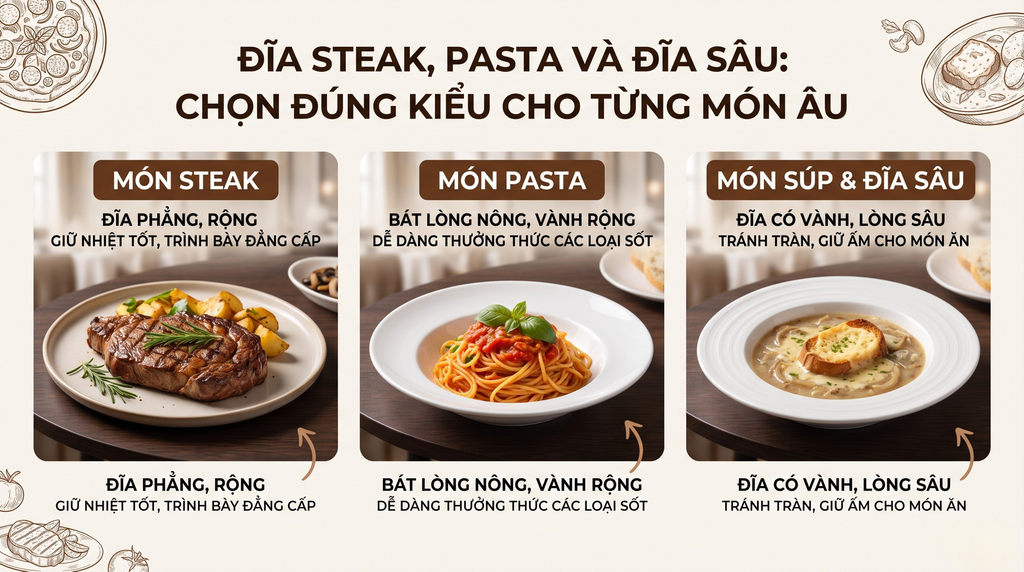 Đĩa Steak, Pasta Và Đĩa Sâu: Chọn Đúng Kiểu Cho Từng Món Âu