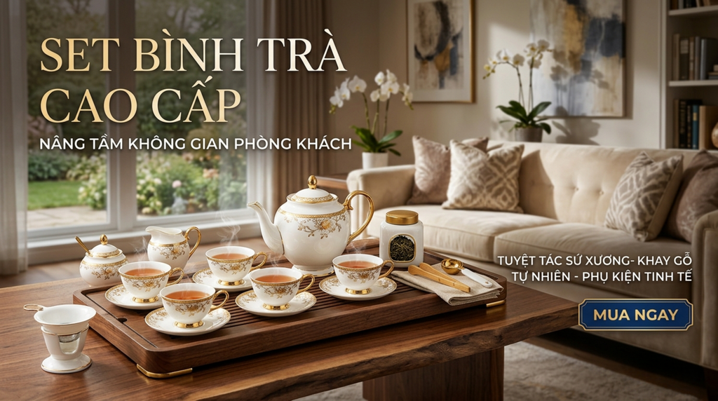 Set bình trà cao cấp cho phòng khách: Chọn sứ, khay và bộ phụ kiện tinh tế