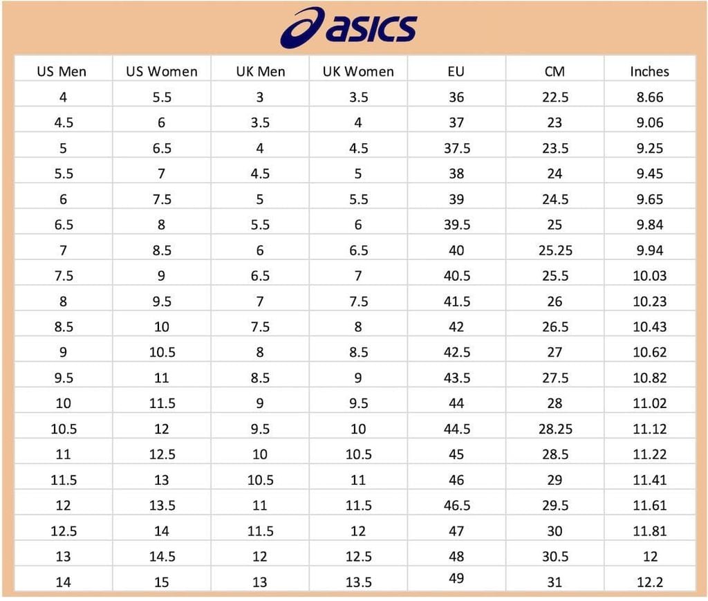 Bảng Size Giày Asics Nam, Nữ