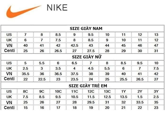 Bảng Size Giày Nike Nam, Nữ Và Trẻ Em