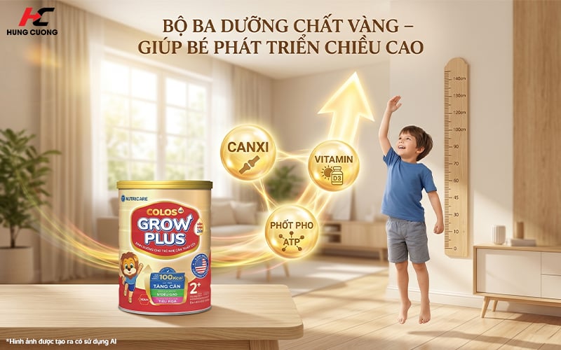 Sữa Colos24 Grow Plus chứa bộ ba dưỡng chất Canxi, Vitamin D3, Phốt pho giúp trẻ tăng chiều cao