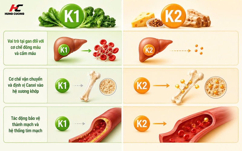 Điểm khác biệt cốt lõi giữa Vitamin K1 và K2 về tác dụng