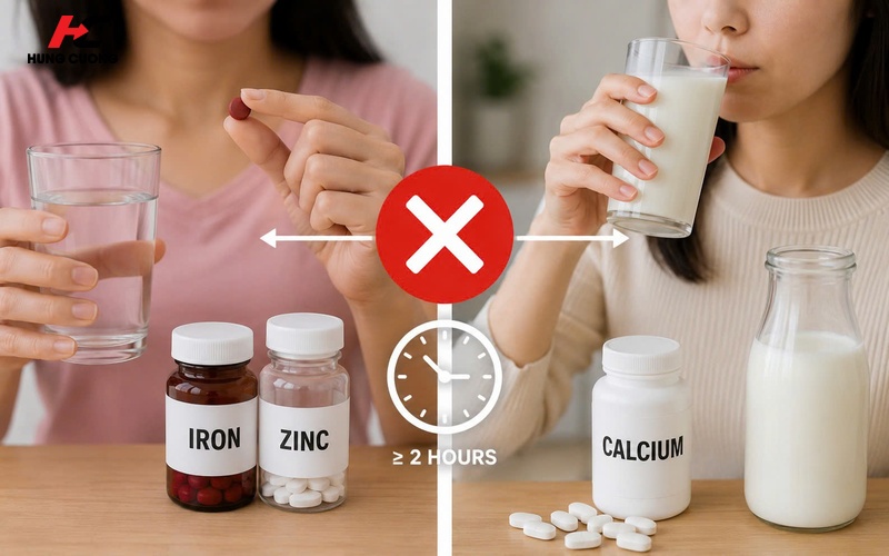 Cho uống Sắt/Kẽm cách giờ uống Canxi hoặc uống sữa ít nhất 2 tiếng đồng hồ