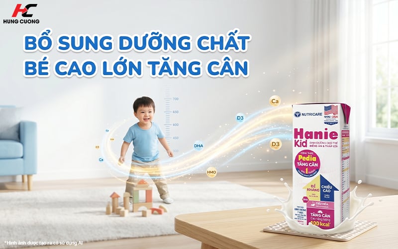 Sữa bột pha sẵn Hanie Kid với công thức cải thiện cân nặng